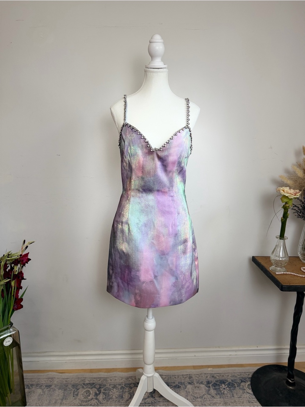 Iridescent Watercolor Crystal Trim Mini Dress Bodycon Party Dress S